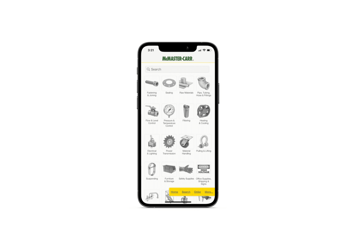 McMaster-Carr mobile app A screenshot taken from the McMaster-Carr mobile app home page. Below the company logo is a full-width search bar followed by product categories and matching images for the company’s industrial supply and hardware products.