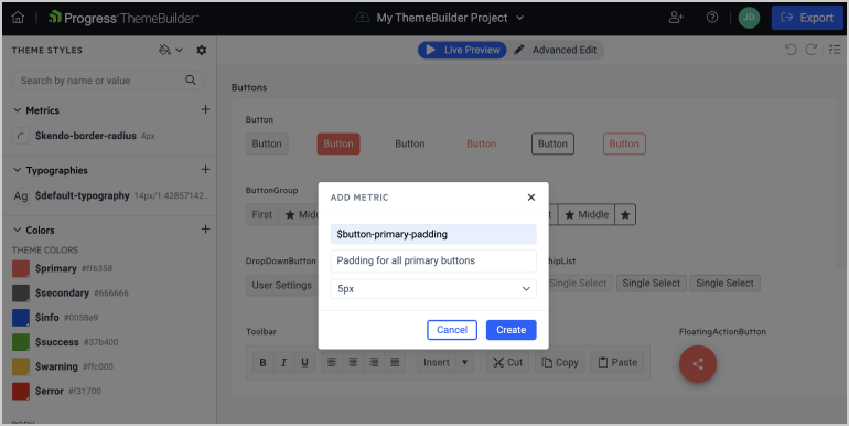 ThemeBuilder Metrics Variable ThemeBuilder Add Metric popover has fields for variable, description and metric amount.