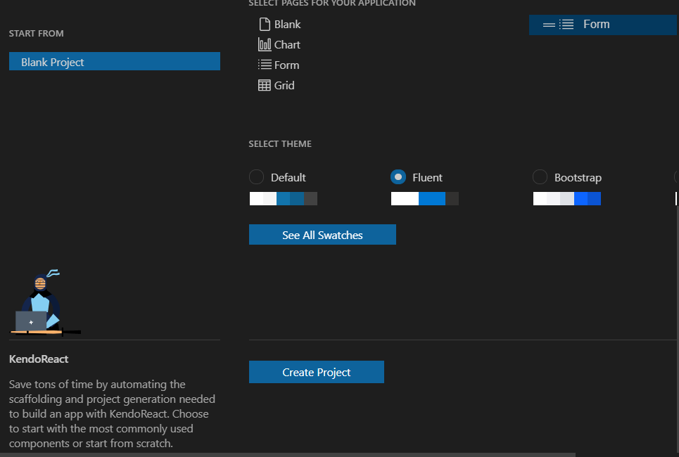 The bottom half of the wizard displaying, first, a list box with four items displayed - Black, Chart, Form, and Grid. The Form item is selected and displays a plus sigh to its right. The Form item appears again in a list to the right, showing that it has been added. Below that, under a “Select Theme” heading are three radio buttons labeled “Default,” ”Fluent” and “Material”. Below each of these labels is a rectangular color palette of representative colors.