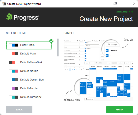 A screen from the Telerik Create New Project Wizard. Down the left side is a list of themes and swatches, each with a color palette. On the right are various screen shots showing sample layouts with the theme applied. The Fluid-Main theme is highlighted as selected.