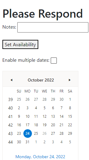 A visually very similar page to the previous pages. Like the React MultiViewCalendar, there is no month list. In the Calendar’s header, on either side of a link with the label “Today” name, are arrowhead icons pointing either to the left and right. Text below the calendar displays the current date.