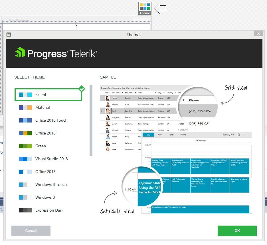 The same screen from the Telerik Create New Project Wizard for ASP.NET with the list of themes and swatches, each with a color palette. The screen overlays the Window editor which shows the theme selector (a grid of boxes in primary colors) in its upper right corner (an arrow points to the selector). The Fluid-Main theme is highlighted as selected.