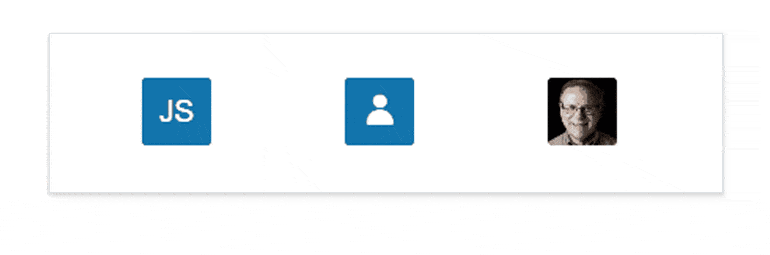 Three versions of avatars, initials, icon, and profile image, go through various shapes from square through two more rounded corners versions and finally a circle