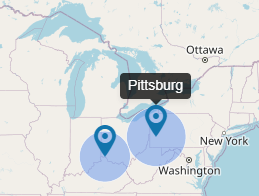 Blazor Map with tooltip The section of the map that shows the two warehouses in the eastern US. The user has clicked on the easternmost warehouse which is displaying a black box above the marker that says Pittsburgh.