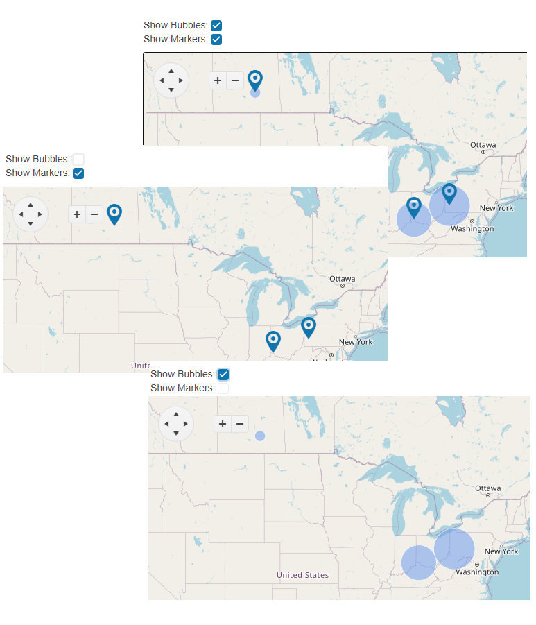 Blazor Map display options Three displays of the map. There are two checkboxes at the top of the map labelled “Show Bubbles” and “Show Markers”. In the first display both boxes are checked and the map shows markers for three warehouses with blue circles around the marker. In the second display, the Show Bubbles checkbox is not checked and only the markers appear on the map. In the third display, the Show Markers check is not checked and only the blue circles appear on the map.