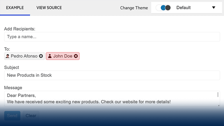 Blazor Chip Component Contacts in an email form are presented as chips. Pedro Afonso has a personalized image. John Doe has an icon and is red. Both have an X icon for easy removal.
