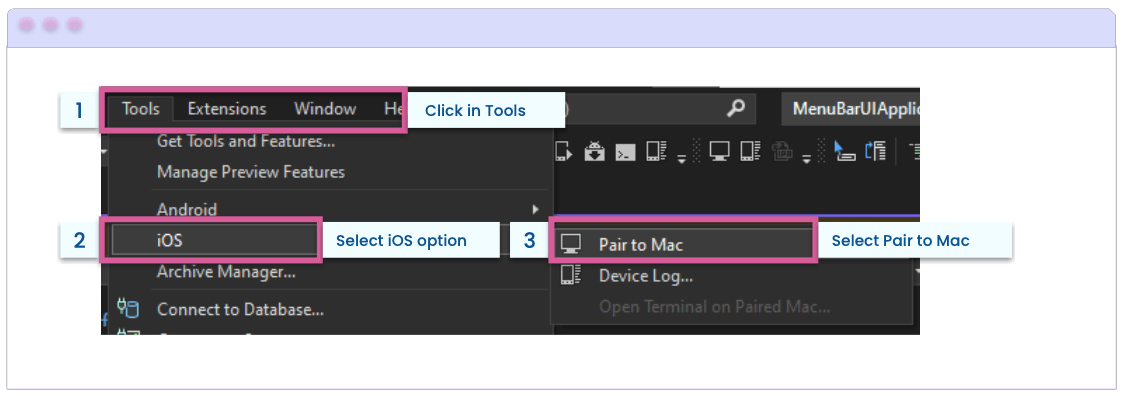 Connecting Mac – Pair to Mac 1. Click in Tools, 2. Select iOS option, 3. Select Pair to Mac