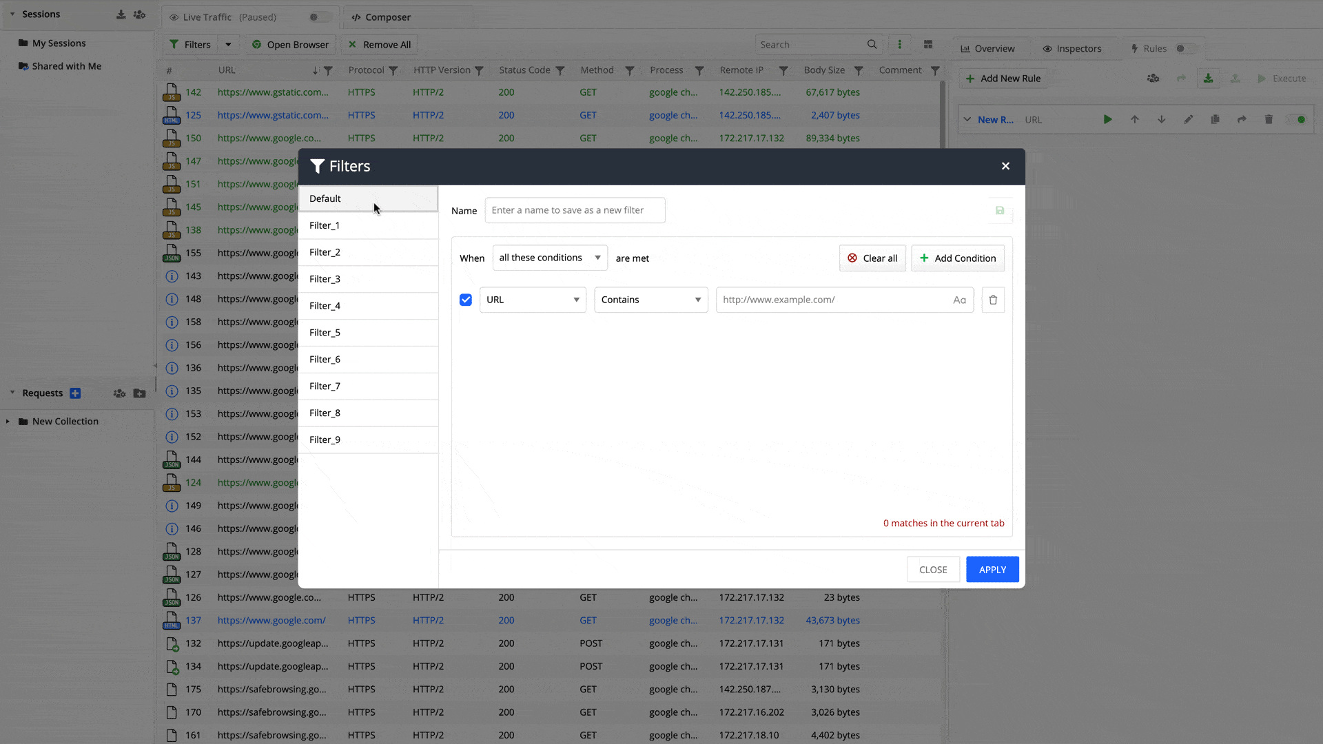 In Fiddler Everywhere, user opens Filters, chooses from saved filters and applies one