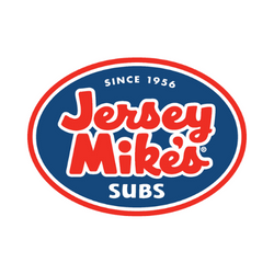 Jersey Mike’s logo The logo for Jersey Mike’s is an emblem logo. The emblem is a bright red circle with a muted blue fill. Inside the seal are the words “Since 1956” on top”, big red “Jersey Mike’s handwritten lettering in the middle”, and “Subs” at the bottom.