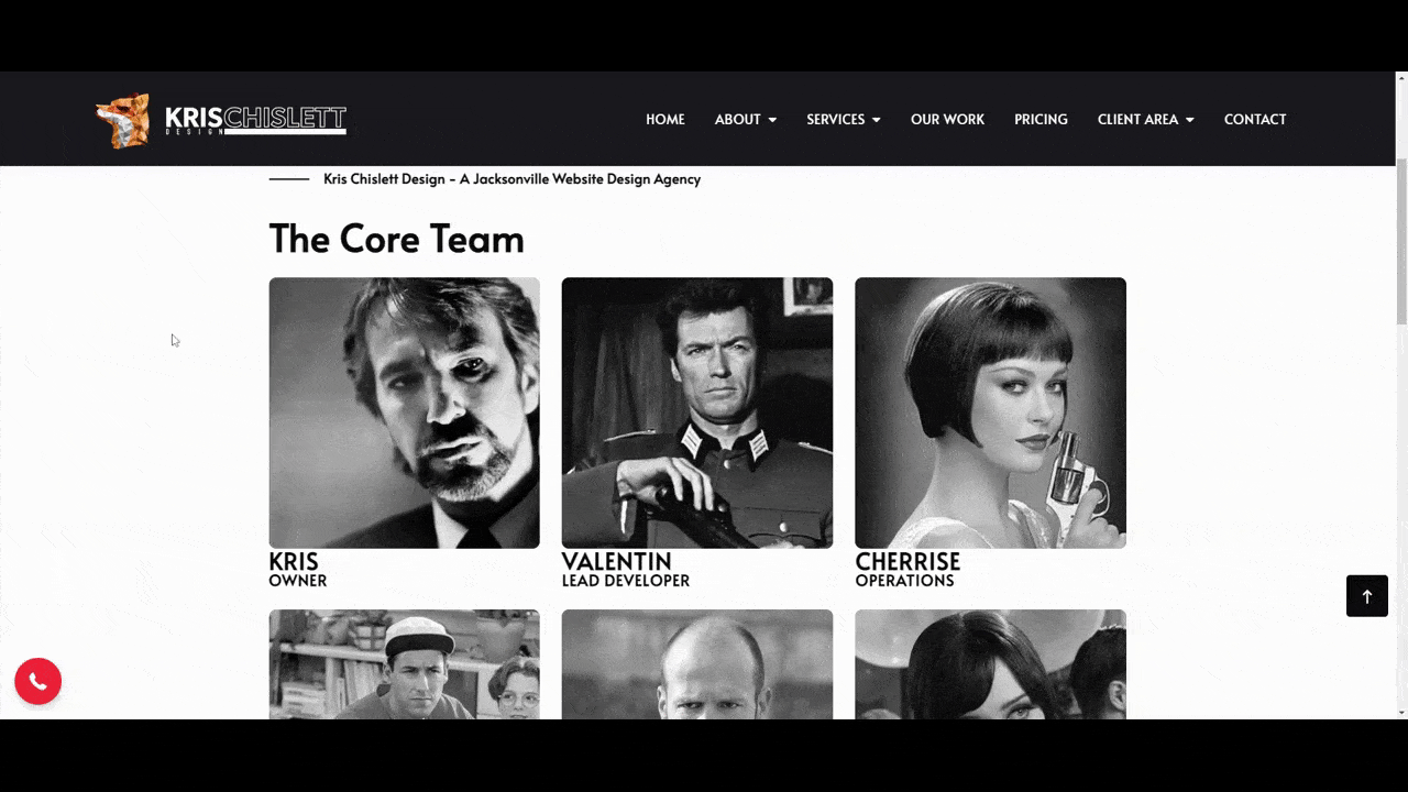 Kris Chislett Team page The Kris Chislett Team page has 9 employee cards with various movie characters representing each — like Chris Farley in Tommy Boy and Quentin Tarantino in Reservoir Dogs. When someone hovers over the cards, a breakdown of their “Average Week Consists Of” appears.