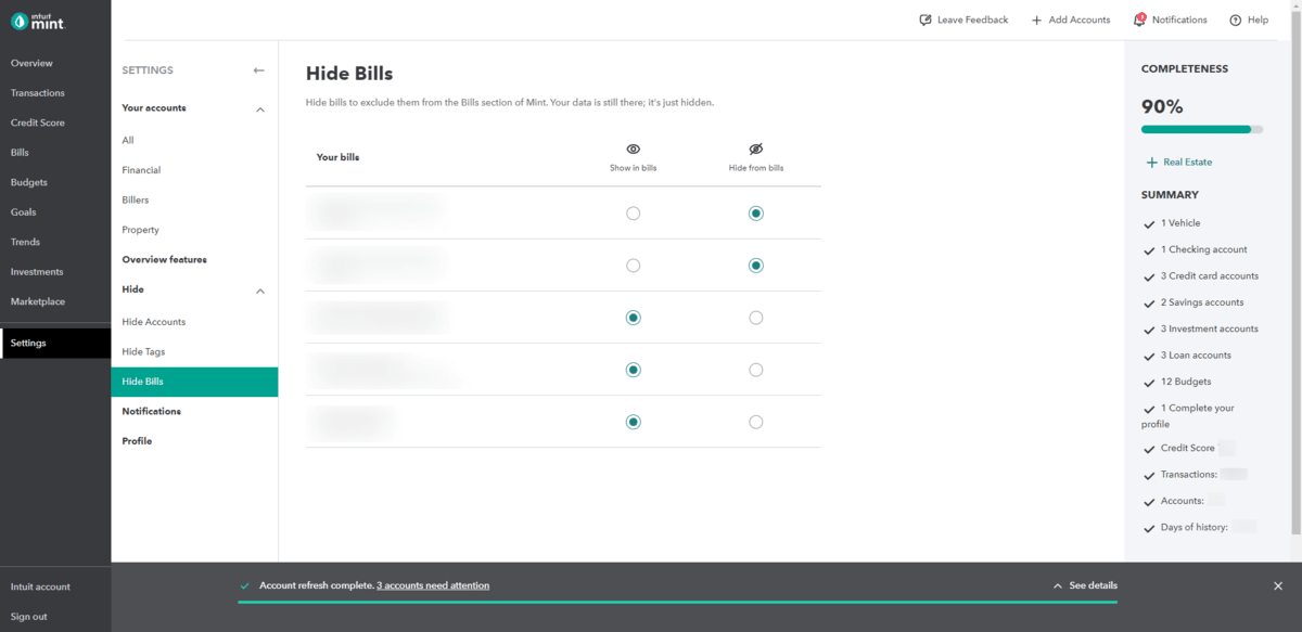 Mint data personalization Mint users can go to the “Settings” tab to personalize which of their financial resources appear in their dashboard data results. In this tab, users can choose which of their Bills to show or hide.