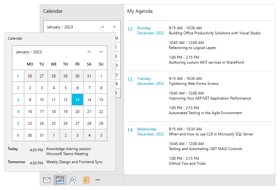 OfficeNavigationBar Navigation bar has envelope icon, calendar icon, people icon, documents icon, more. Calendar is open with calendar and my agenda views