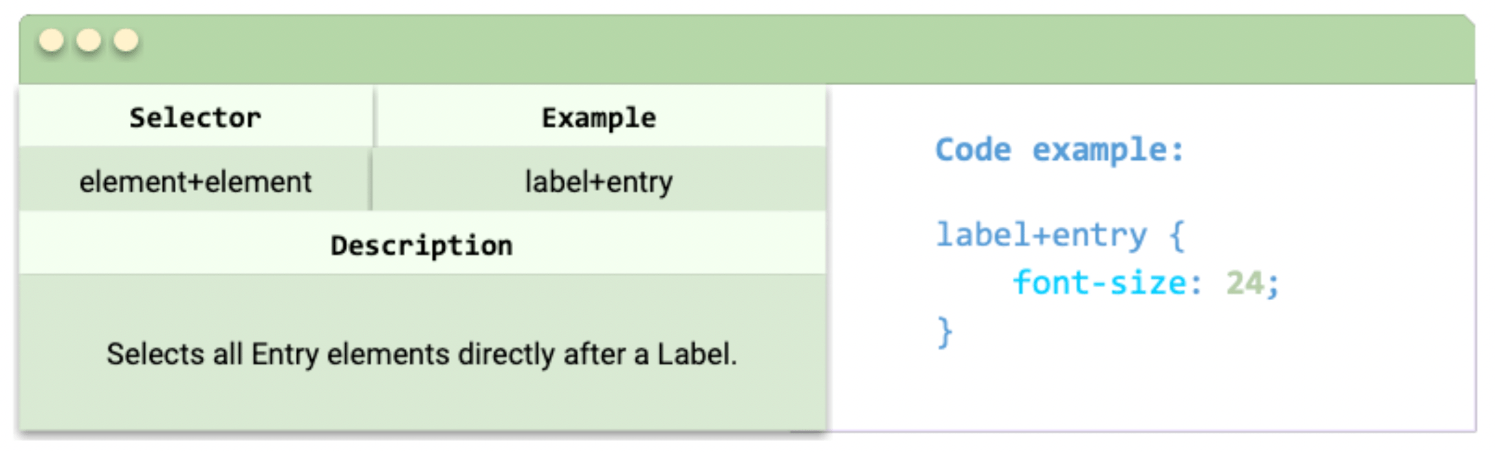 Element+Element Selector: element element, Example: stacklayout image, Description: Sets the height and width of images within stacklayouts., Code example: stacklayout image { height: 60; width: 60; }
