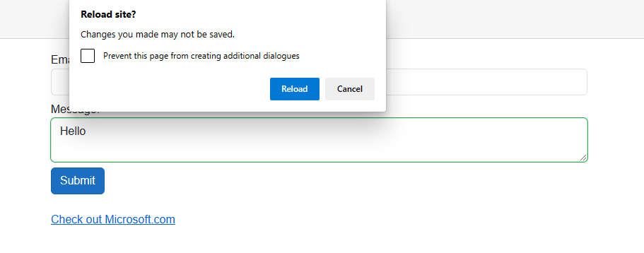 Reload site confirmation prompt A dialog window with the title