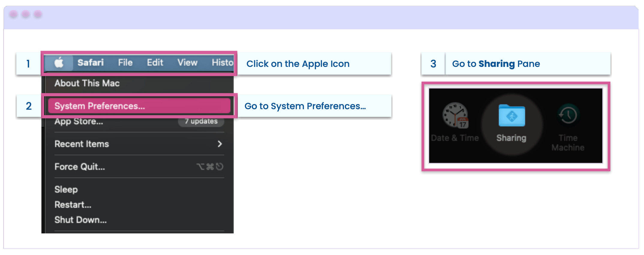 Mac Remote Login – Sharing Panel 1. Click on the Apple icon, 2. Go to System Preferences, 3. Go to the Sharing Panel