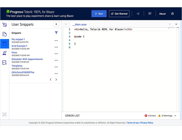 Progress Telerik REPL for Blazor list of User Snippets