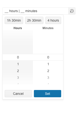 TimeDurationPicker TimeDurationPicker allows for hours and minutes inputs by typing, scrolling, or presets