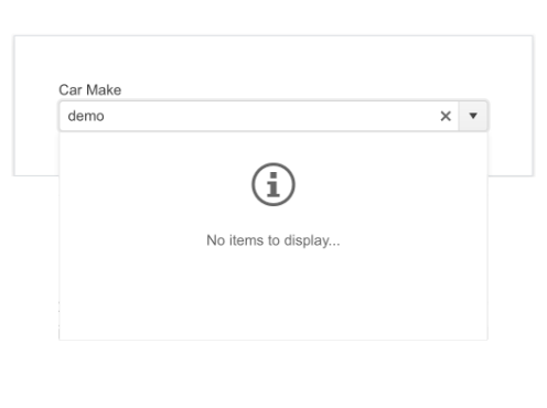 UI for Blazor No Data Template ComboBox For a Car Make dropdown, the user has typed 'demo' and the component says 'No items to display'