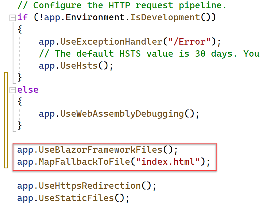 Add Blazor Framework files and fall back A portion of the Program.cs window displays with the code mentioned above highlighted.