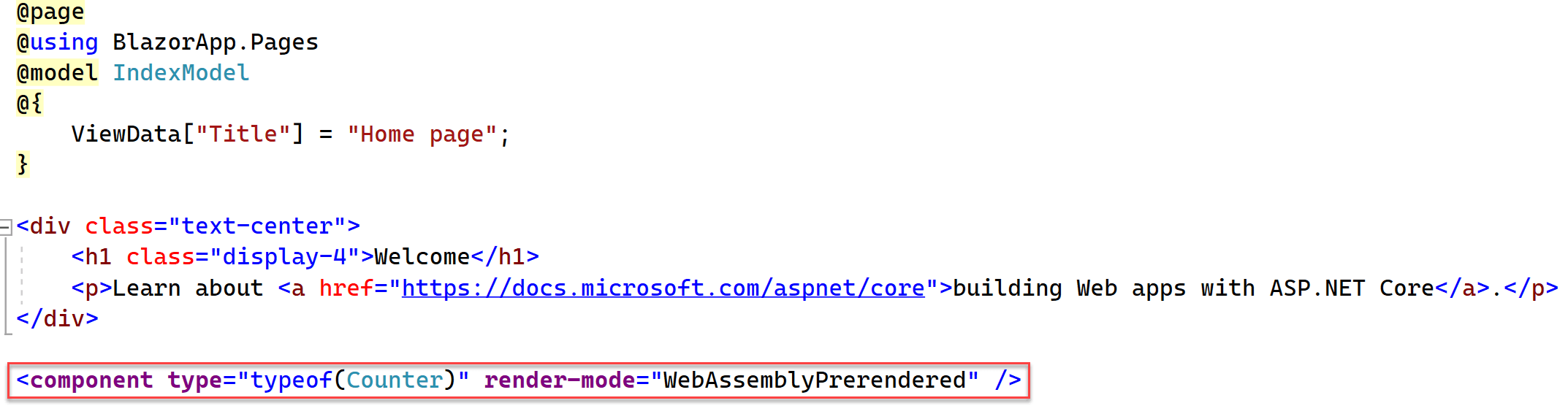 The counter component markup is added A portion of the code window for Index.cshtml displays with the above markup highlighted.
