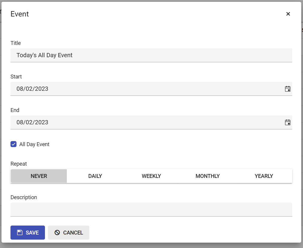 Add Event Form A form with several fields for adding a new entry to a calendar, including Title, Start DateTime and End DateTime, plus options to mark the event as being All Day and to repeat the entry