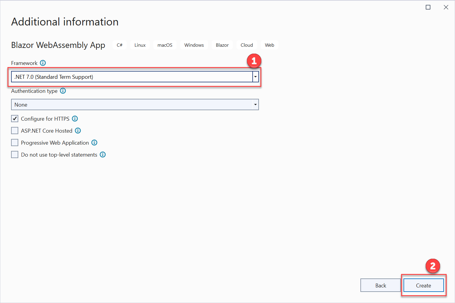 Setting Framework version The Additional information dialog displays with .NET 7.0 selected as the framework and the Create button is highlighted.