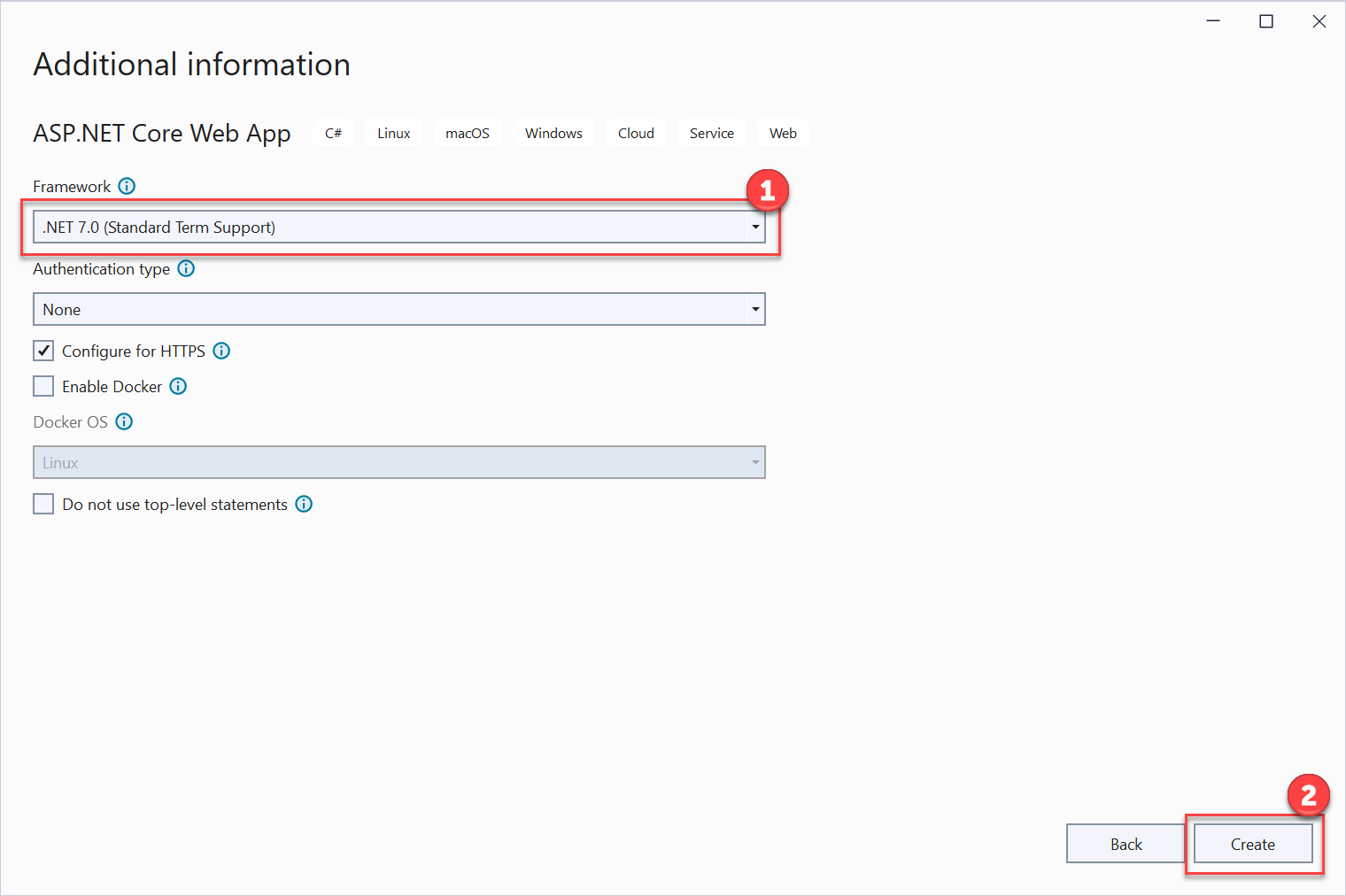 Setting Framework version The Additional information dialog displays with .NET 7.0 selected as the framework and the Create button is highlighted.