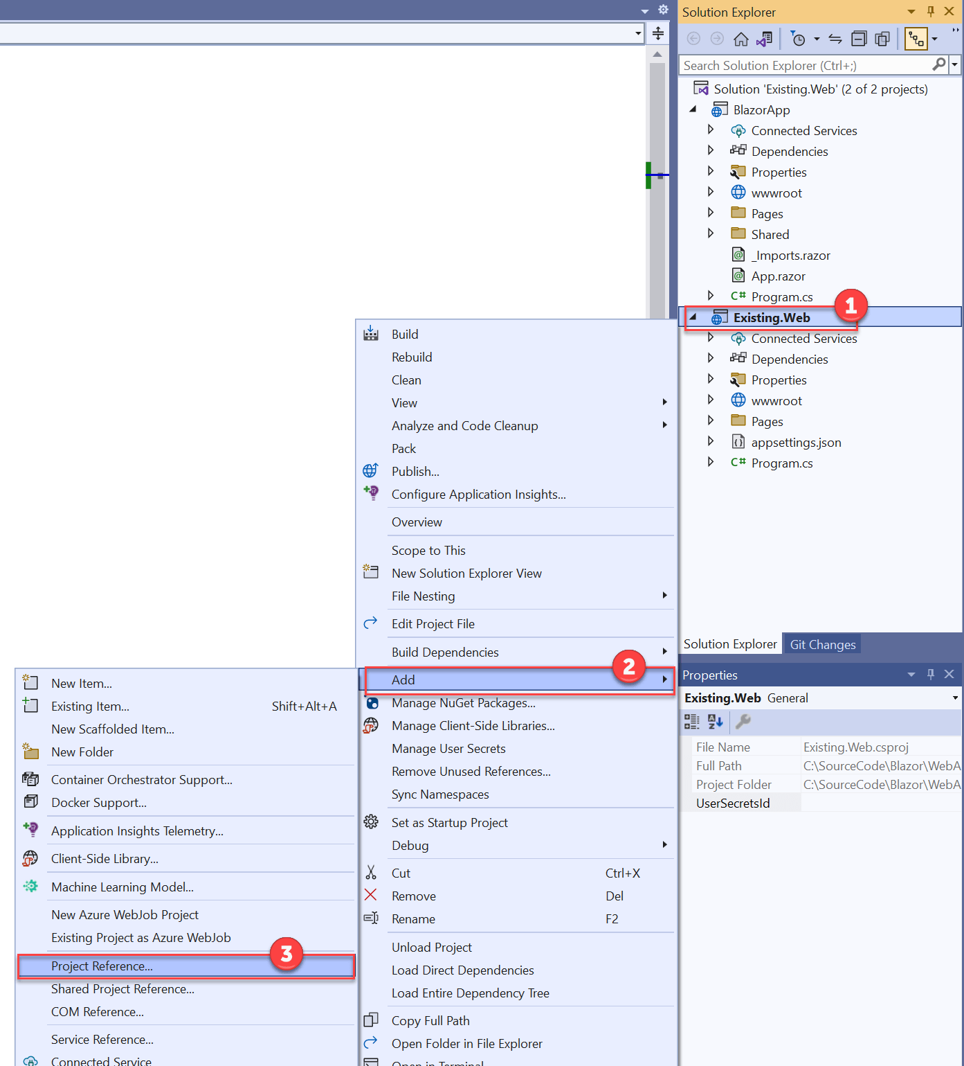 Add Project Reference The context menu for the Existing.Web project displays with the Add item expanded and the Project reference item selected.