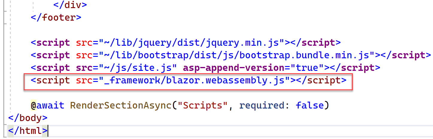 Adding the Blazor WebAssembly JavaScript file A portion of the code window for _Layout.cshtml displays with the aforementioned code highlighted.