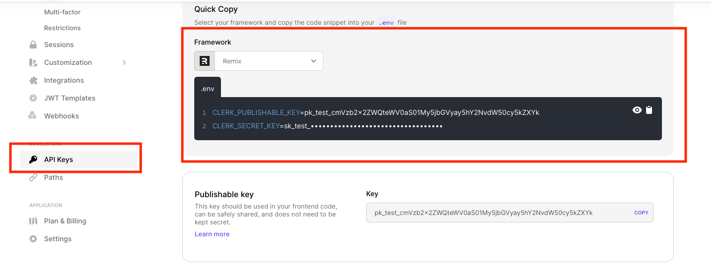 Under API Keys, Framework dropdown is set to Remix and two secret keys are here
