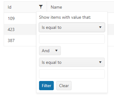 A screenshot of the first column of a grid with its filtering dialog displayed. The captions in the dialog are generic (“Show items with value that”). There are textboxes provided for entering values but they don’t provide column-specific support (i.e., lists of acceptable values or a date selection tool). There are two sets of textboxes joined by an And operator.