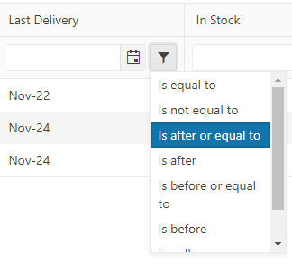 In this screenshot, the filter dialog has been replaced with a dropdown list of selected comparison operators (e.g. “is equal to”, “is after”). There’s a separate textbox at the top of the column for users to enter values into. This is a date column and the textbox is supported by a date selection tool.