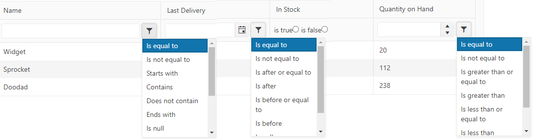 Three columns from the grid showing the comparison operators available to filter with. The string column has options “is equal to”, “starts with”, and “contains”; the date column has options like “is after” and “is before”; the numeric column has options like “is greater than” and “is less than or equal to”.