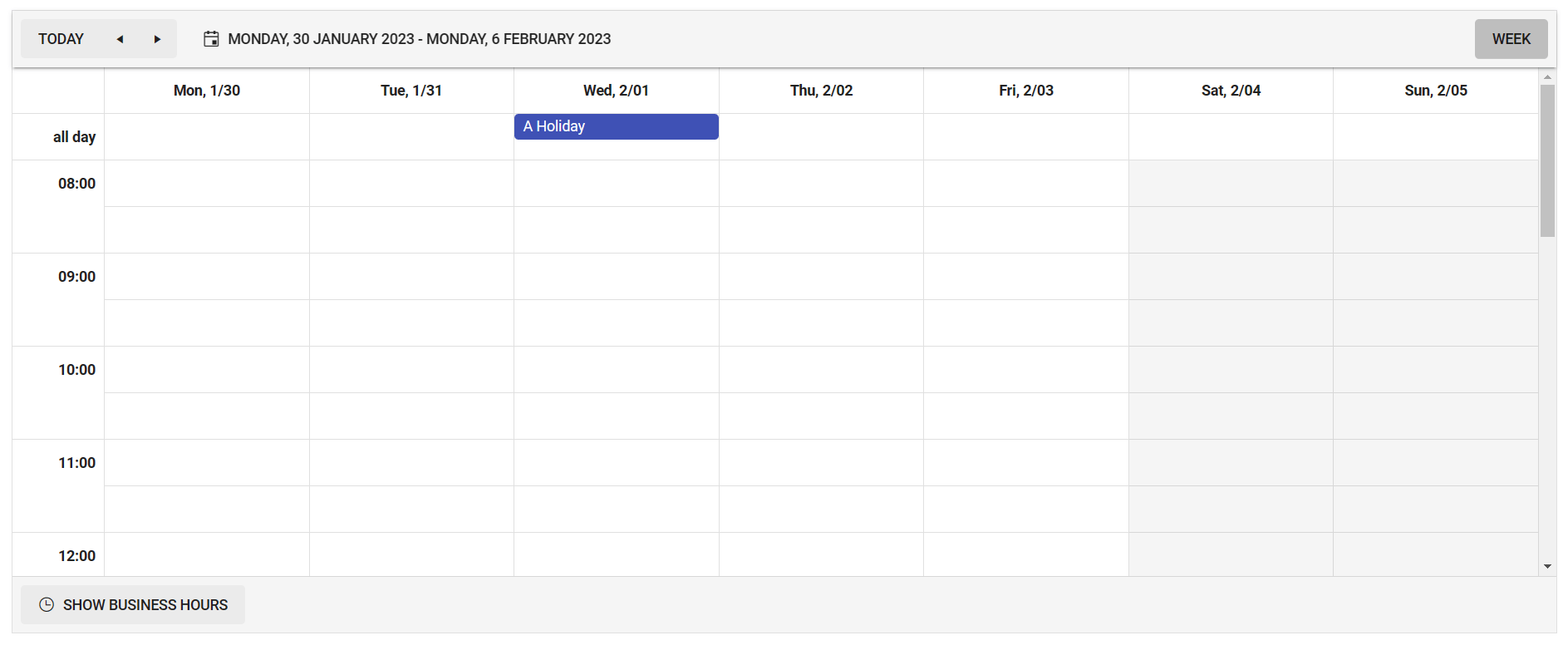 Calendar View Calendar view showing a single week, starting on Monday 30th January and ending on Sunday 5th February. There is a blue marker on the Wednesday which shows an all day event with the title 'A Holiday'