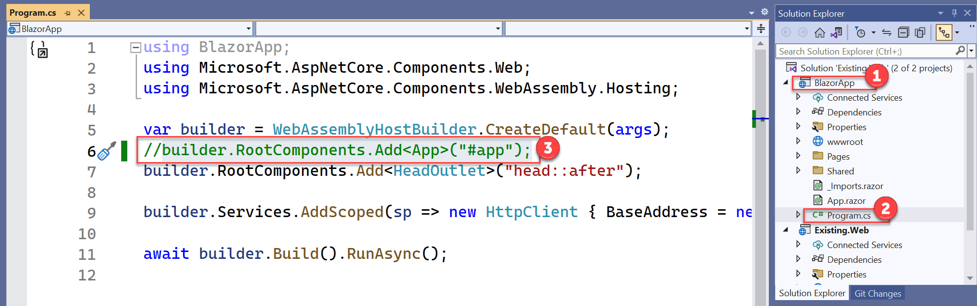 Comment out the aforementioned line of code Visual Studio 2022 displays with the BlazorApp project expanded and the Program.cs code file selected. In the code editor window the line of code mentioned above is commented out.