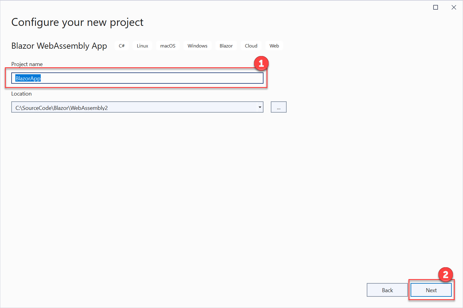 Configure Blazor WebAssembly app The Configure your new project dialog displays with BlazorApp entered for the project name. The Next button is highlighted.