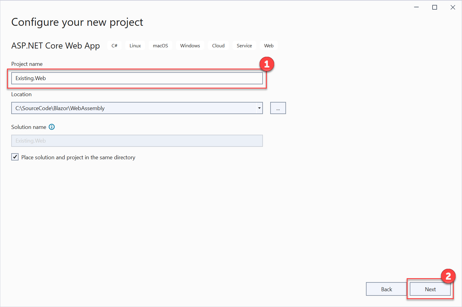 Configure the project name and file location The Configure your new project dialog displays with the project name set to Existing.Web and the next button is selected.