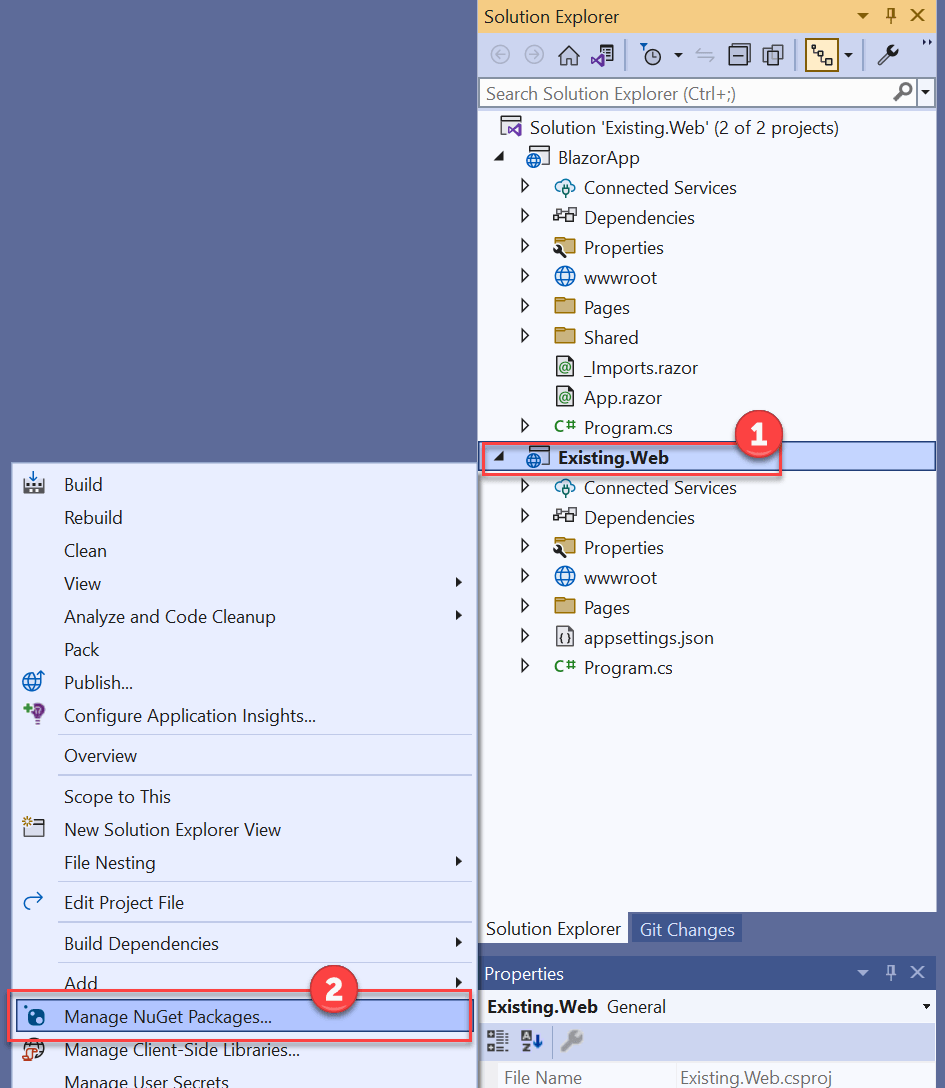 Manage NuGet Packages for Existing.Web The Solution Explorer panel displays with the context menu expanded and the Manage NuGet Packages item highlighted.
