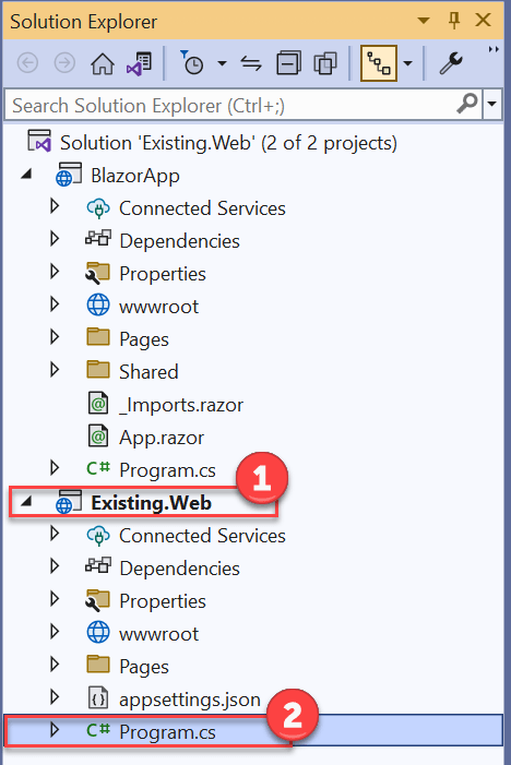 Open Program.cs from the Existing.Web project The Solution Explorer panel displays with the Existing.Web project expanded and the Program.cs file selected.
