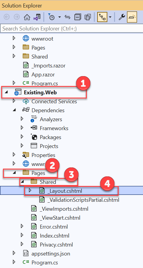 Open _Layout.cshtml The Solution Explorer panel displays with the Existing.Web project expanded along with the Pages and Shared folders. The _Layout.cshtml file is highlighted.