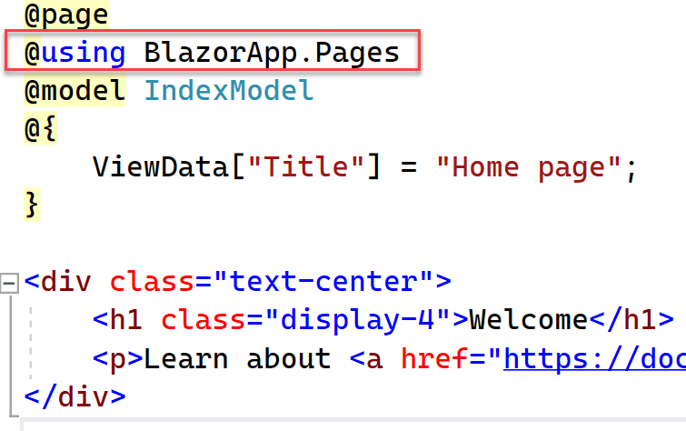 The using statement is added to the code A portion of the code window for Index.cshtml displays with the above code highlighted.