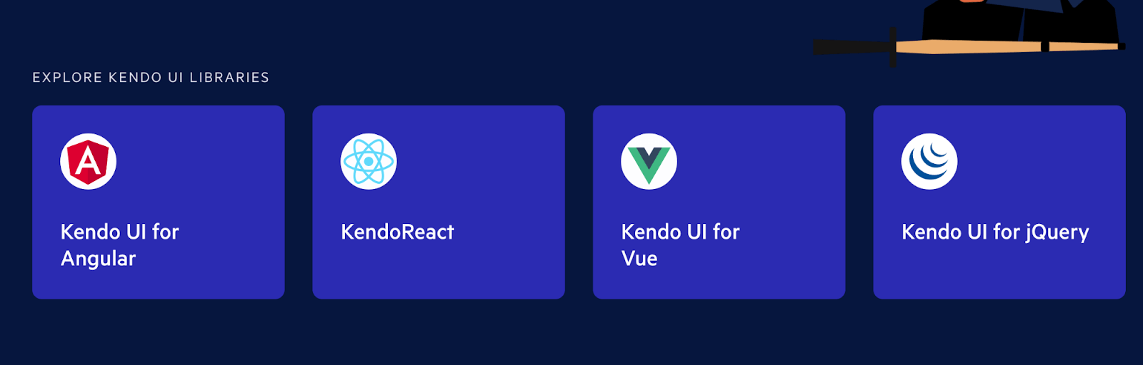 Kendo UI component library options include Angular, React, Vue and jQuery