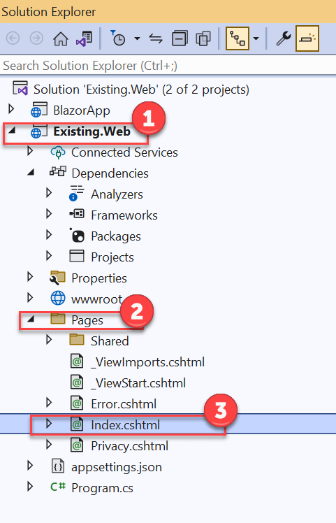 Open Index.cshtml from the Existing.Web project The Solution Explorer panel displays with the Existing.Web project expanded along with the Pages folder. The Index.cshtml file is highlighted.