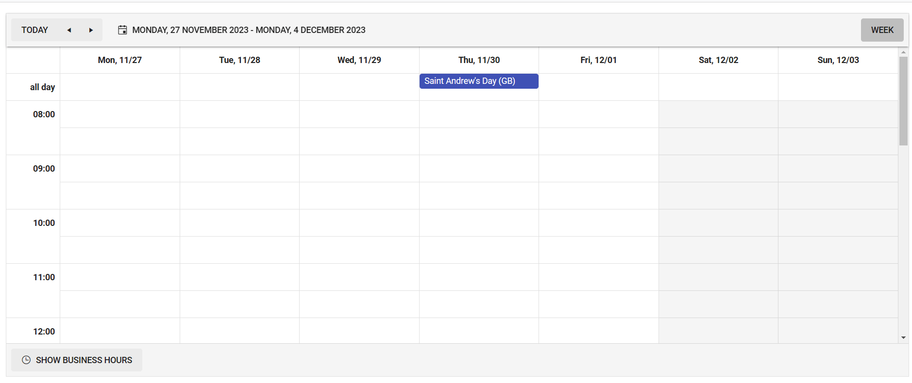 Calendar Including Public Holidays Calendar view showing a single week, starting on Monday 27th November and ending on Sunday 3rd December. There is a blue marker on the Thursday which shows an all day event with the title 'Saint Andrew's Day (GB)