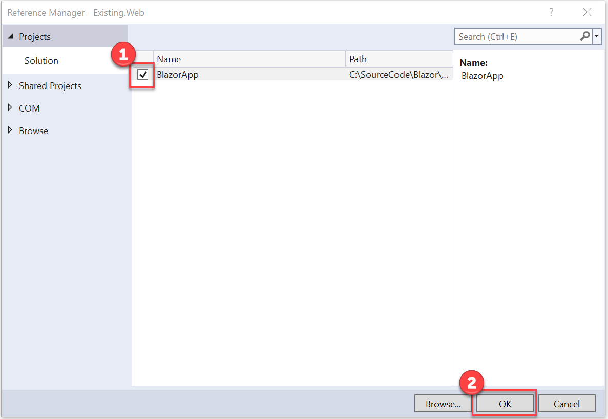 Add project reference to the BlazorApp project The Reference Manager dialog displays with a checked box next to BlazorApp and the OK button is highlighted.