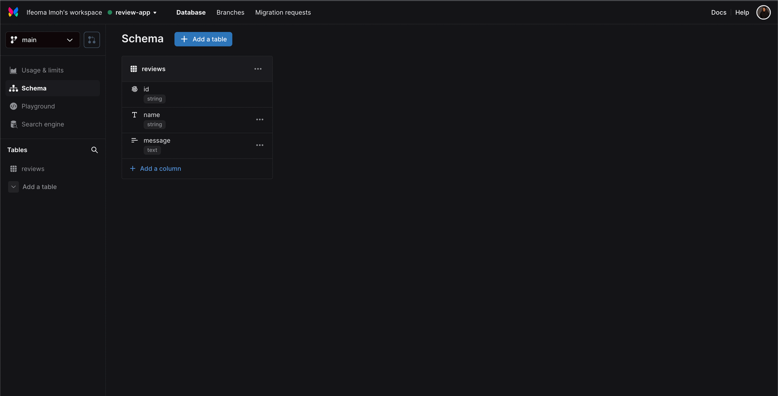 Screenshot showing schema definition