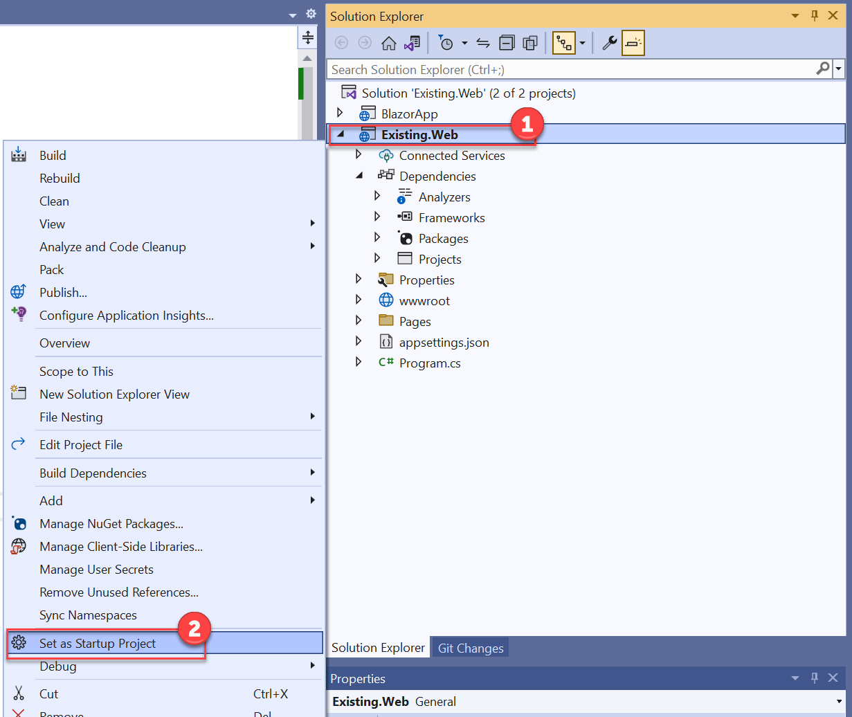 Set Startup Project The Solution Explorer displays with the context menu expanded on the Existing.Web project. The Set as Startup Project item is highlighted.