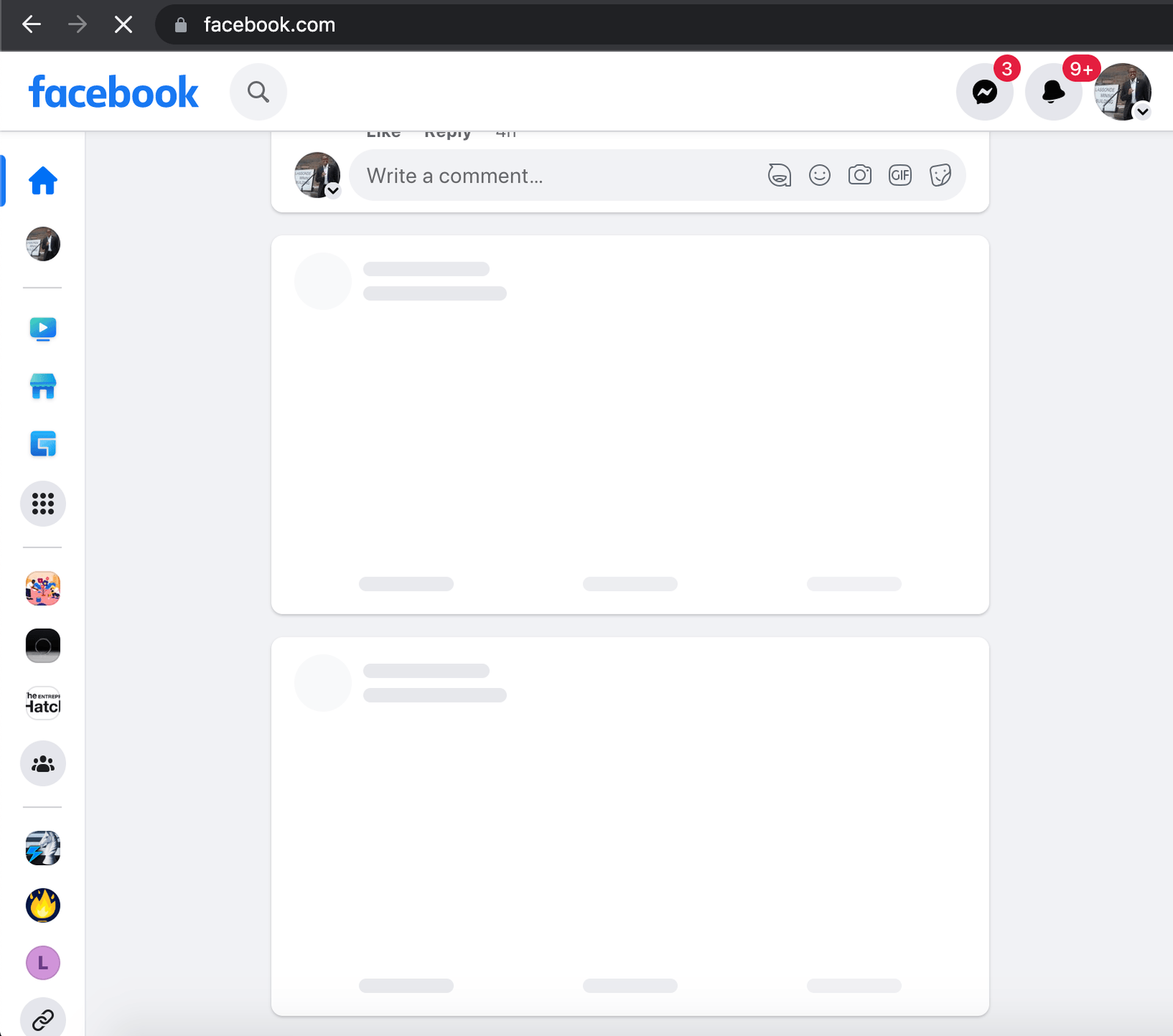 Facebook feed skeleton UI has white cards with gray bars to indicate rough layout once loaded
