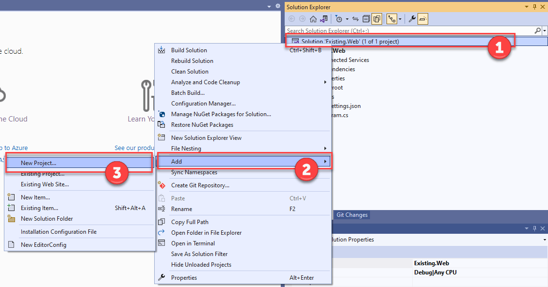 Add new project to the solution The context menu of the solution displays with the Add menu item expanded and the New Project item selected.