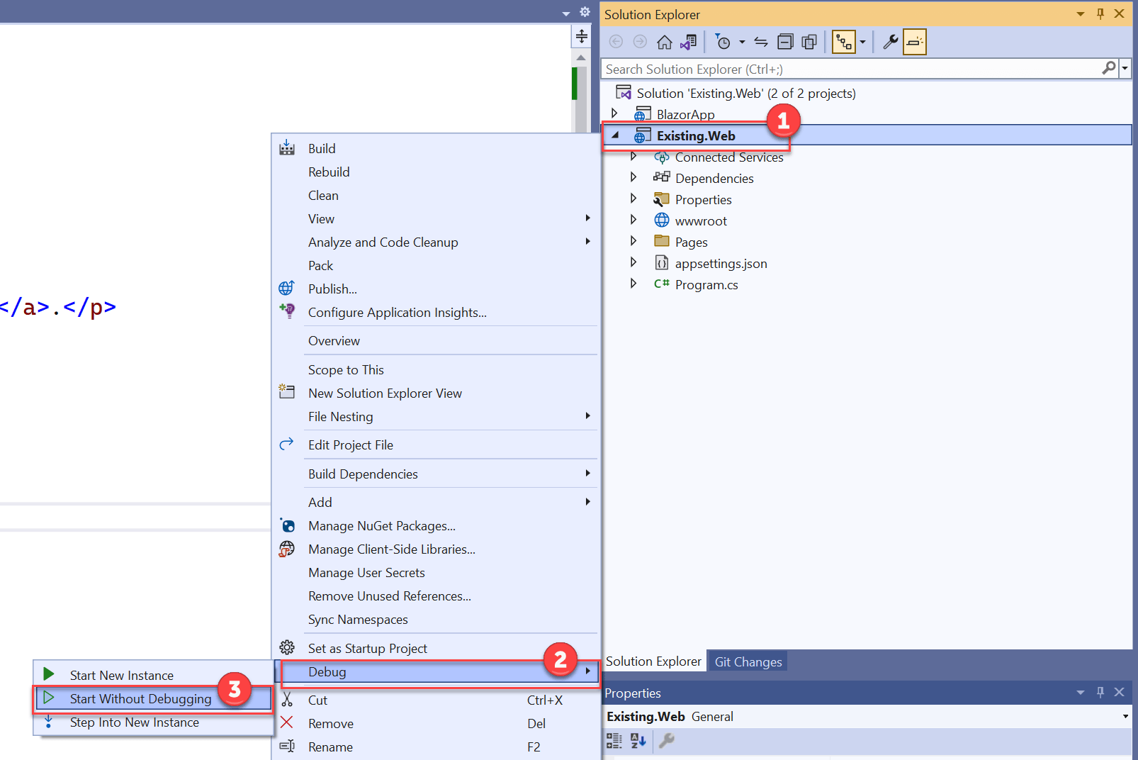 Start Existing.Web without Debugging The context menu of the Existing.Web project displays with the Debug item expanded and the Start Without Debugging option selected.